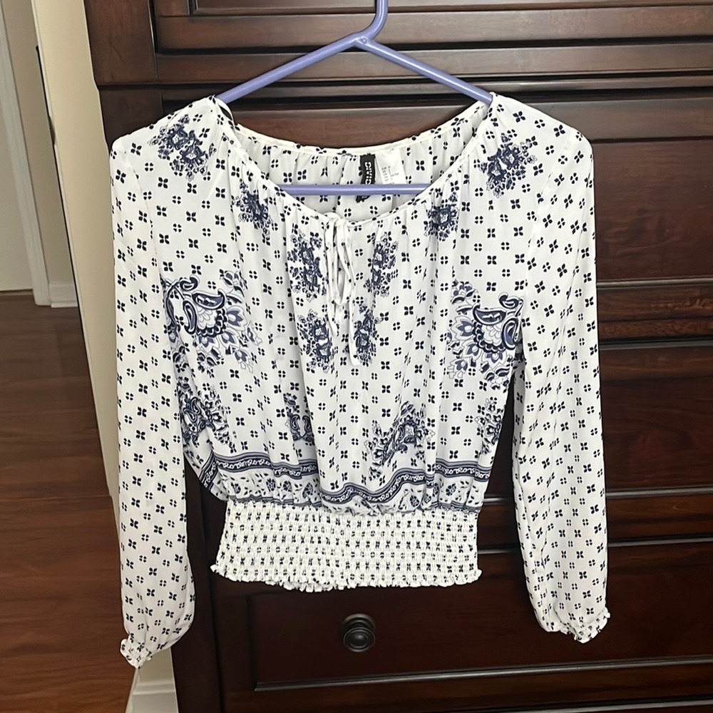 H&M Smocked Tie Neck Blouse